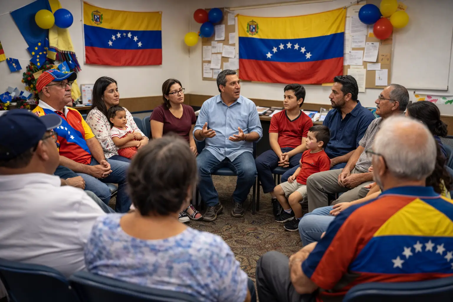 Community gathering photo showing diverse Venezuelan families discussing political developments and local relief efforts